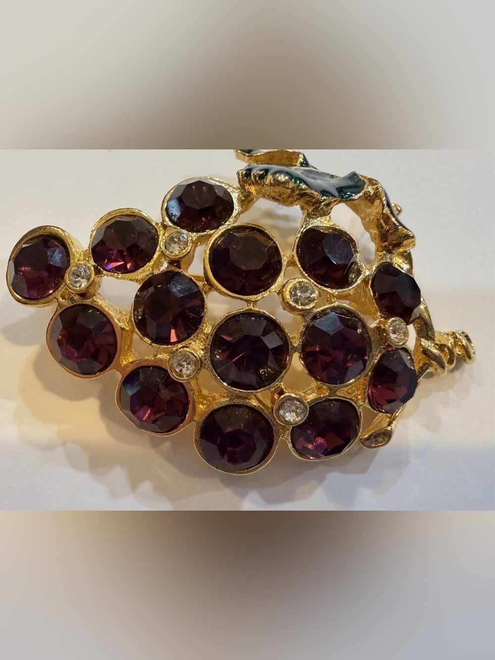 Vintage LIA Signed Purple Crystal Grape Cluster Brooch- Gold Tone & Green Enamel